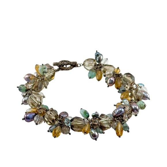 Vintage Multi Gemstone Cluster Bracelet Citrine Quartz Pearl Sterling Silver - Picture 3 of 8